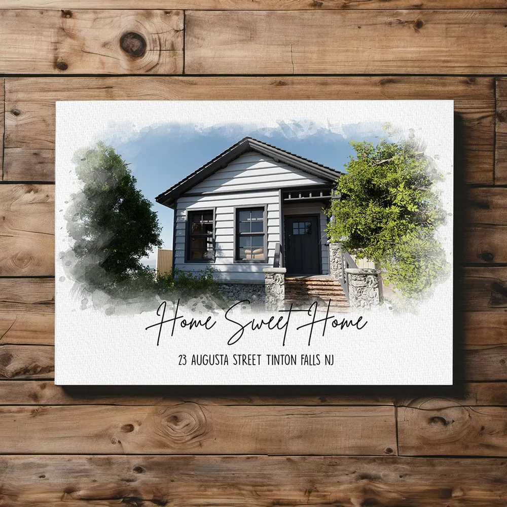 Personalized Custom Photo Watercolor House canvas print, room placement ideas for bedroom, desk, kitchen and living room