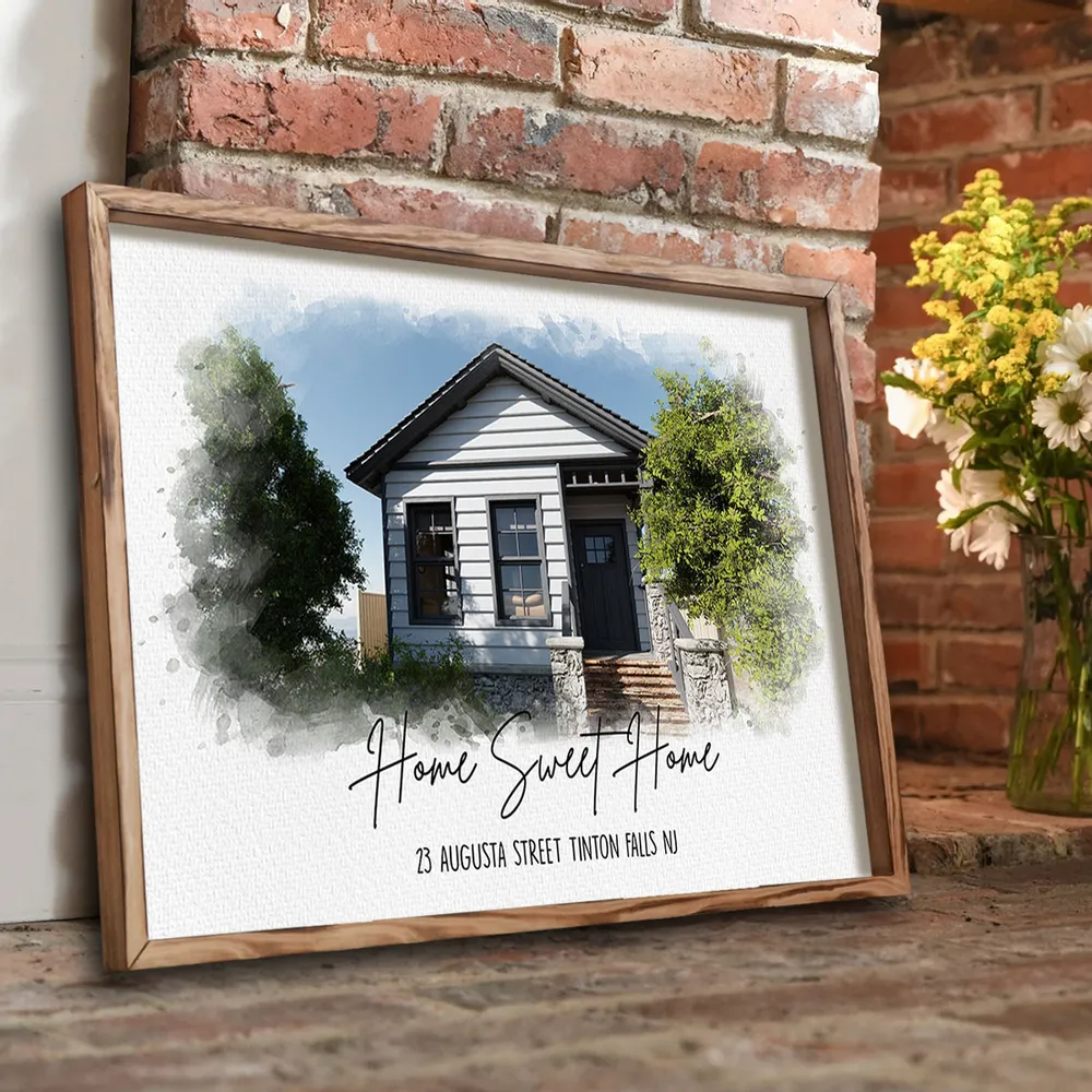 Personalized Custom Photo Watercolor House canvas print, framed in a bright living room