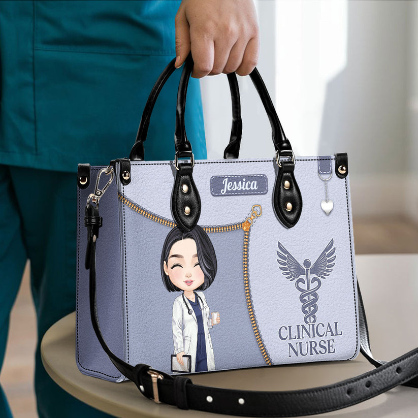 Registered nurse watercolor leather handbag with name, interior pockets and removable strap details