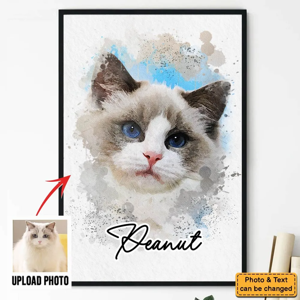 Custom Photo Watercolor Cat - Personalized Poster/Canvas Prints - Gift for Cat Lovers, Dog Lovers, Pet Lovers