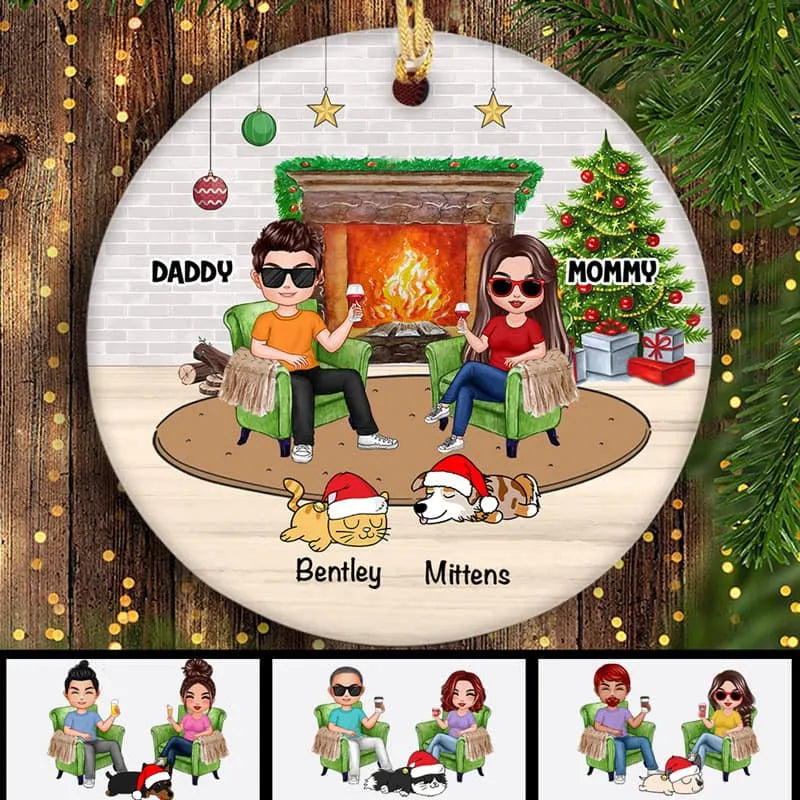 Doll Couple And Dogs Cats - Personalized Circle Ceramic Ornament - Christmas Gift For Couple, Husband, Wife, Pets Lovers 1