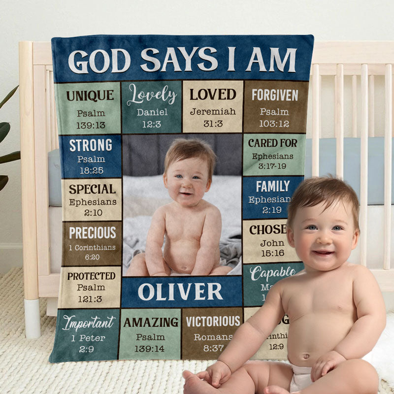 Custom Photo God Says I Am - Personalized Custom Blanket - Gift for New Infant, Baby Girl, Boy, Granddaughter, Grandson