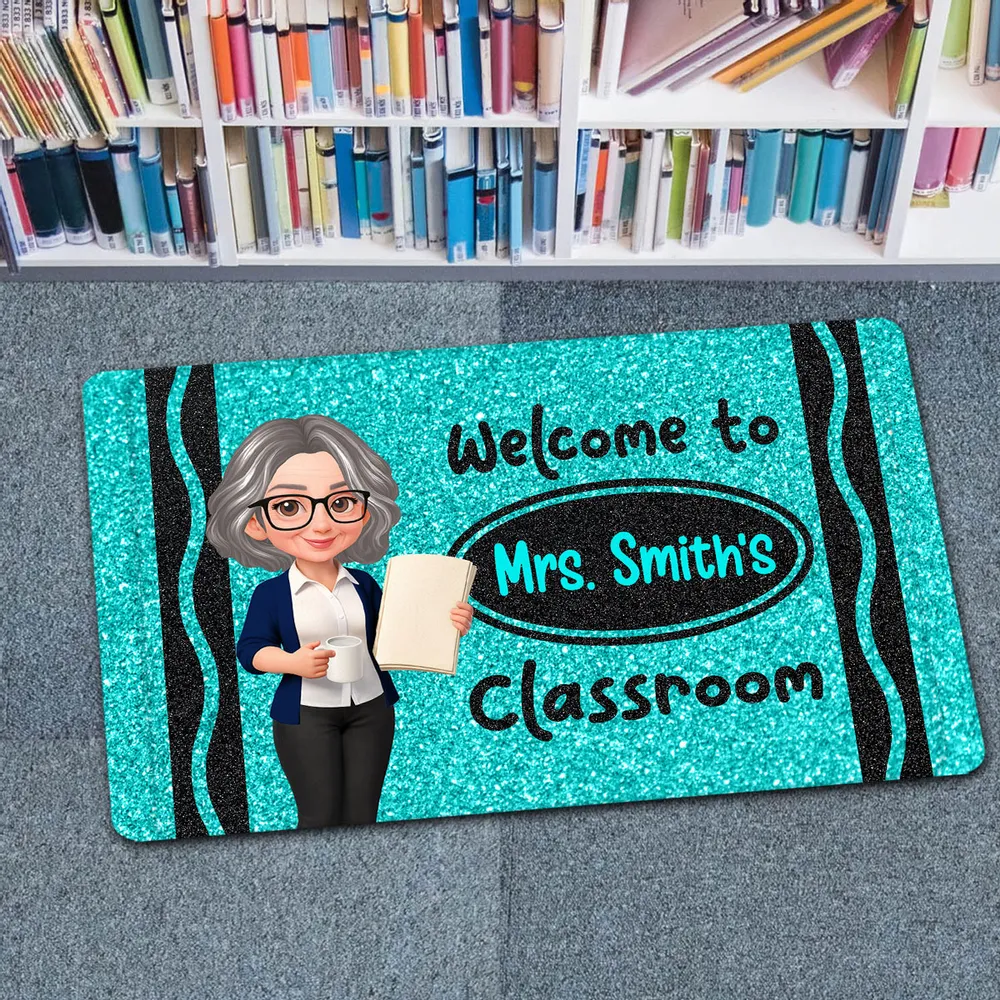 Faux Glitter Effect Crayon Color Welcome To Classroom - Personalized Doormat - Back To School Gift For Teacher, Educator