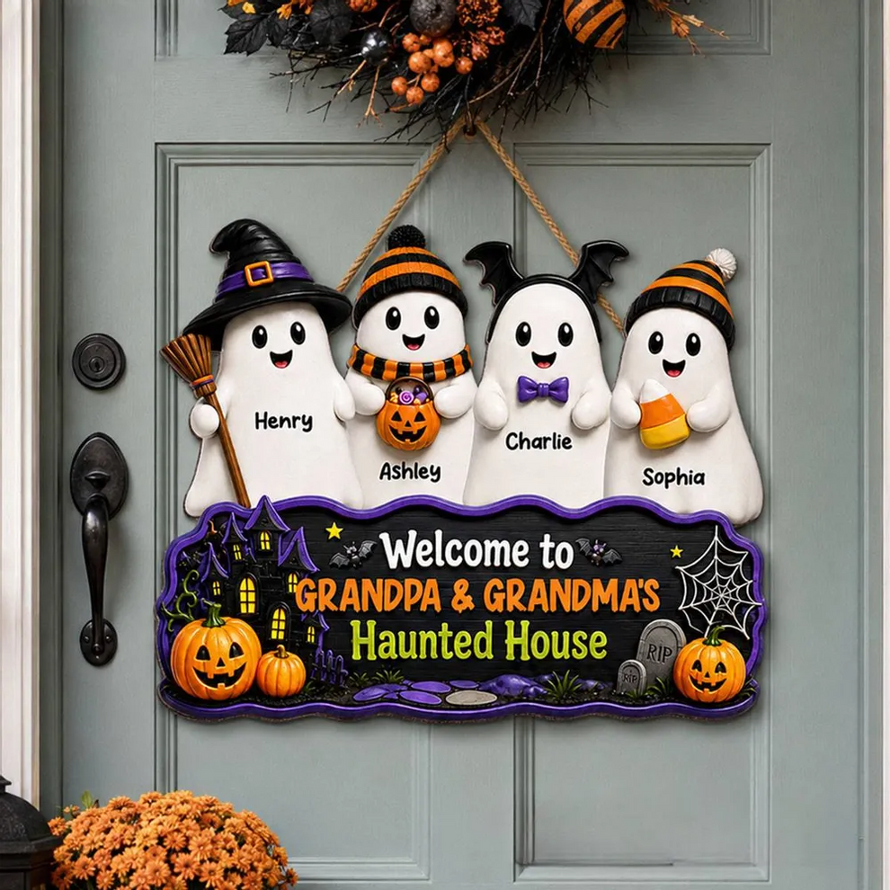 Halloween Welcome To Grandma Grandpa Haunted House - Personalized Custom Shaped Wood Sign - Halloween Gift For Grandma, Grandpa