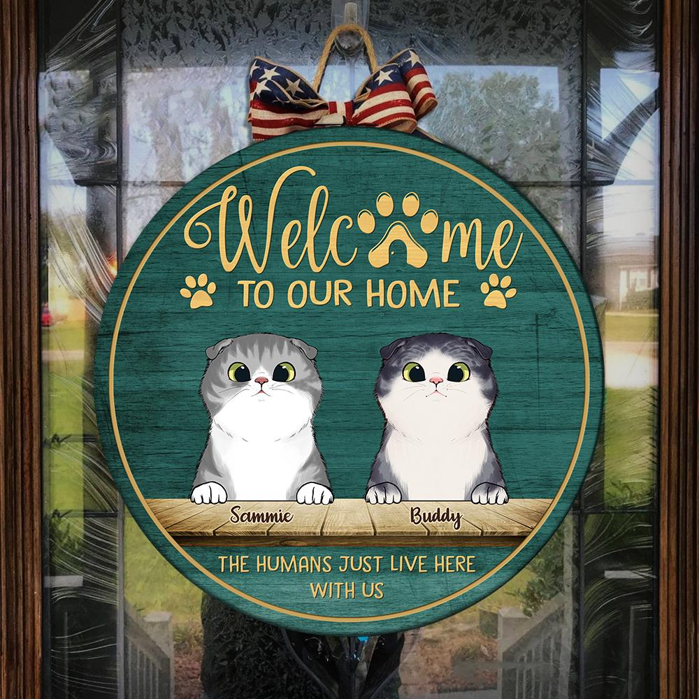 Personalized Welcome To Our Home Peeking Cats round wood sign, alternate view 2