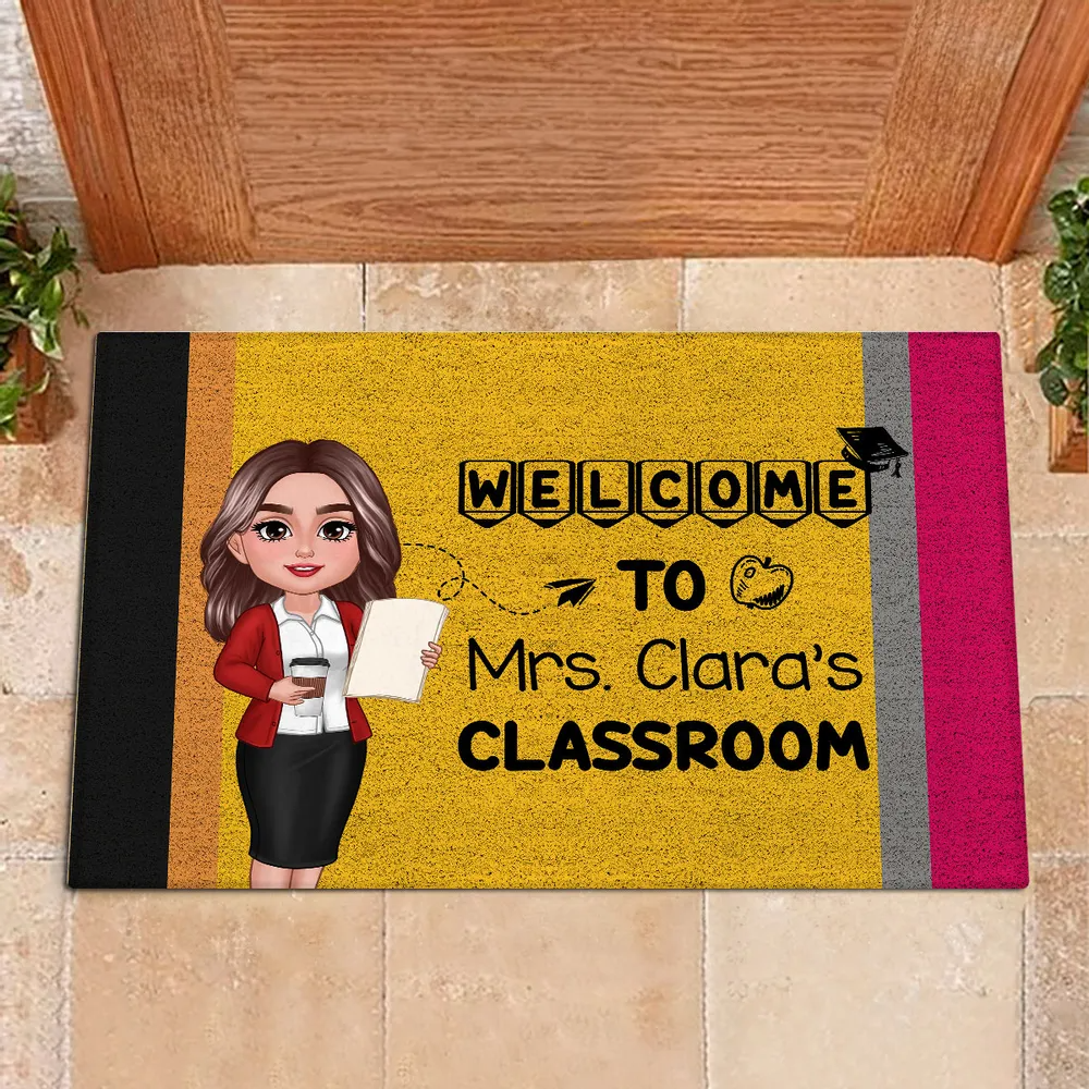 Welcome To Teacher Classroom Pencil Pattern - Personalized Doormat - Back To School Gift For Teacher, Educator, Kindergarten, Preschool, Pre K, Paraprofessional