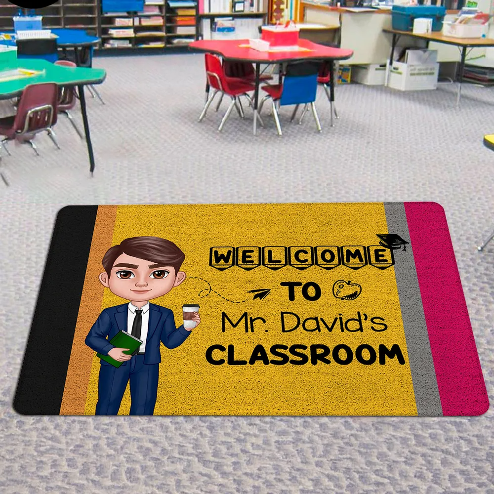 Welcome To Teacher Classroom Pencil Pattern - Personalized Doormat - Back To School Gift For Teacher, Educator, Kindergarten, Preschool, Pre K, Paraprofessional
