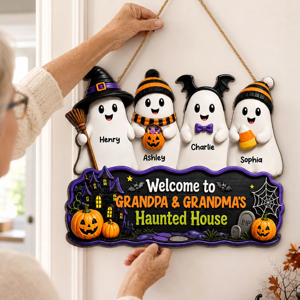 Halloween Welcome To Grandma Grandpa Haunted House - Personalized Custom Shaped Wood Sign - Halloween Gift For Grandma, Grandpa