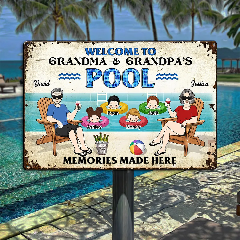 Welcome To Grandparents Pool - Personalized Metal Sign - Gift For Dad, Mom, Grandpa, Grandma