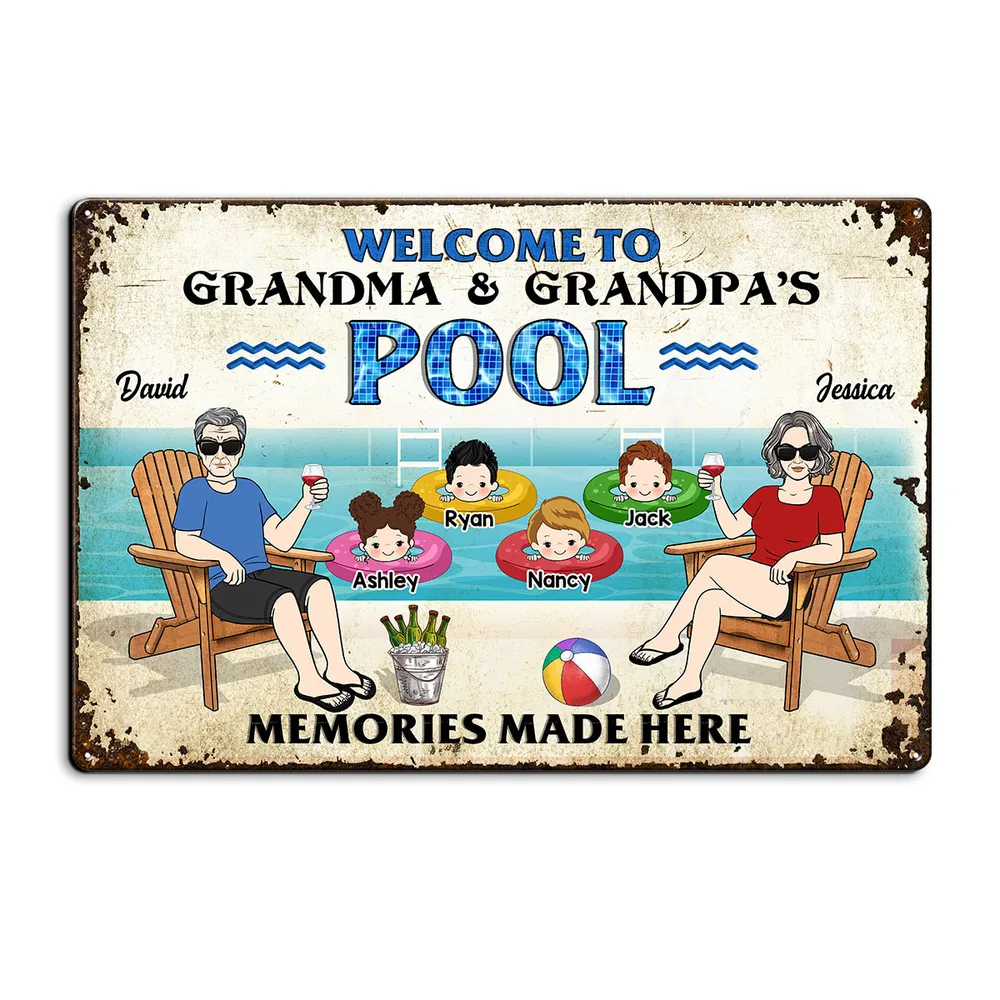 Welcome To Grandparents Pool - Personalized Metal Sign - Gift For Dad, Mom, Grandpa, Grandma
