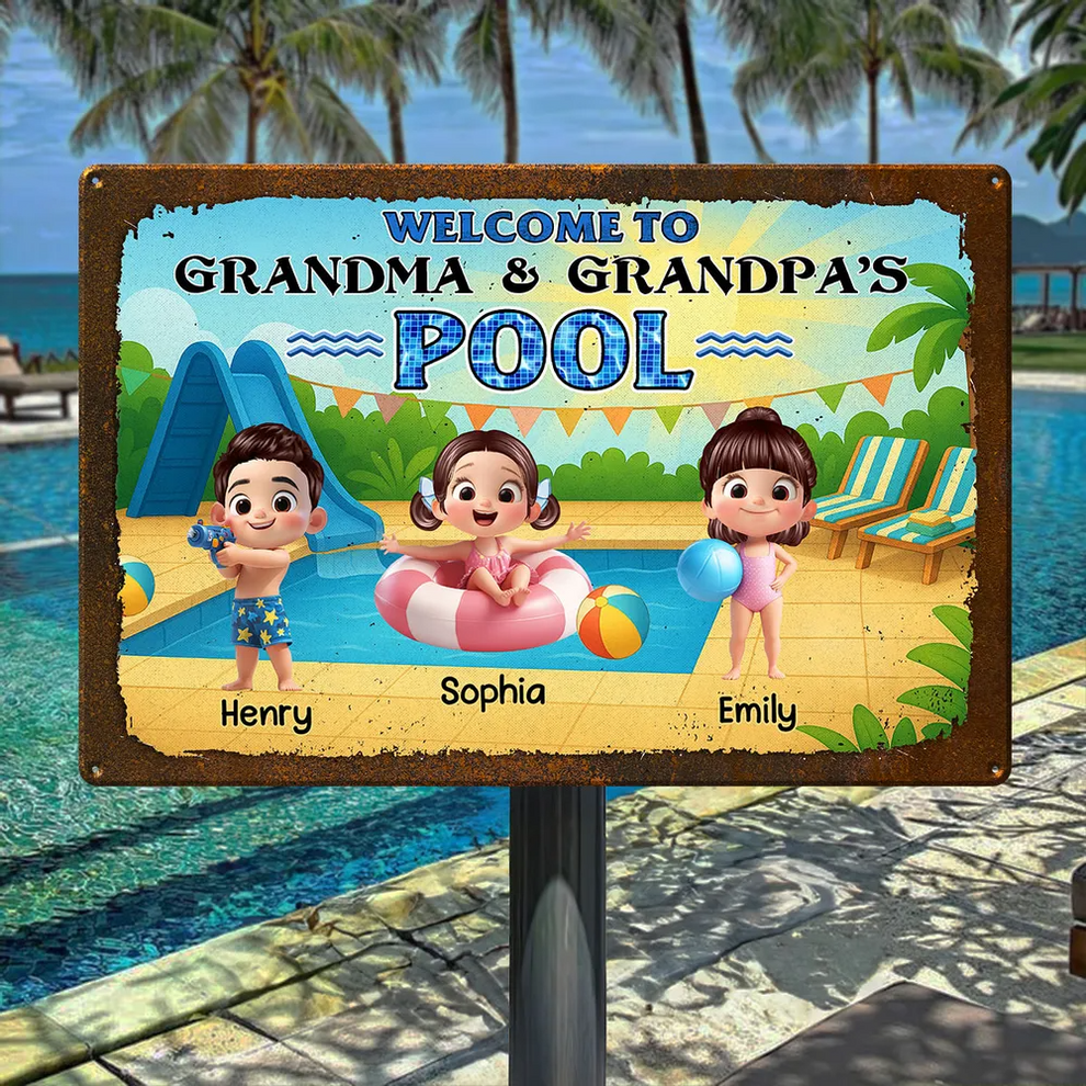 Welcome to Grandma &amp; Grandpa's Pool - Personalized Metal Sign - Gift For Dad, Mom, Grandpa, Grandma