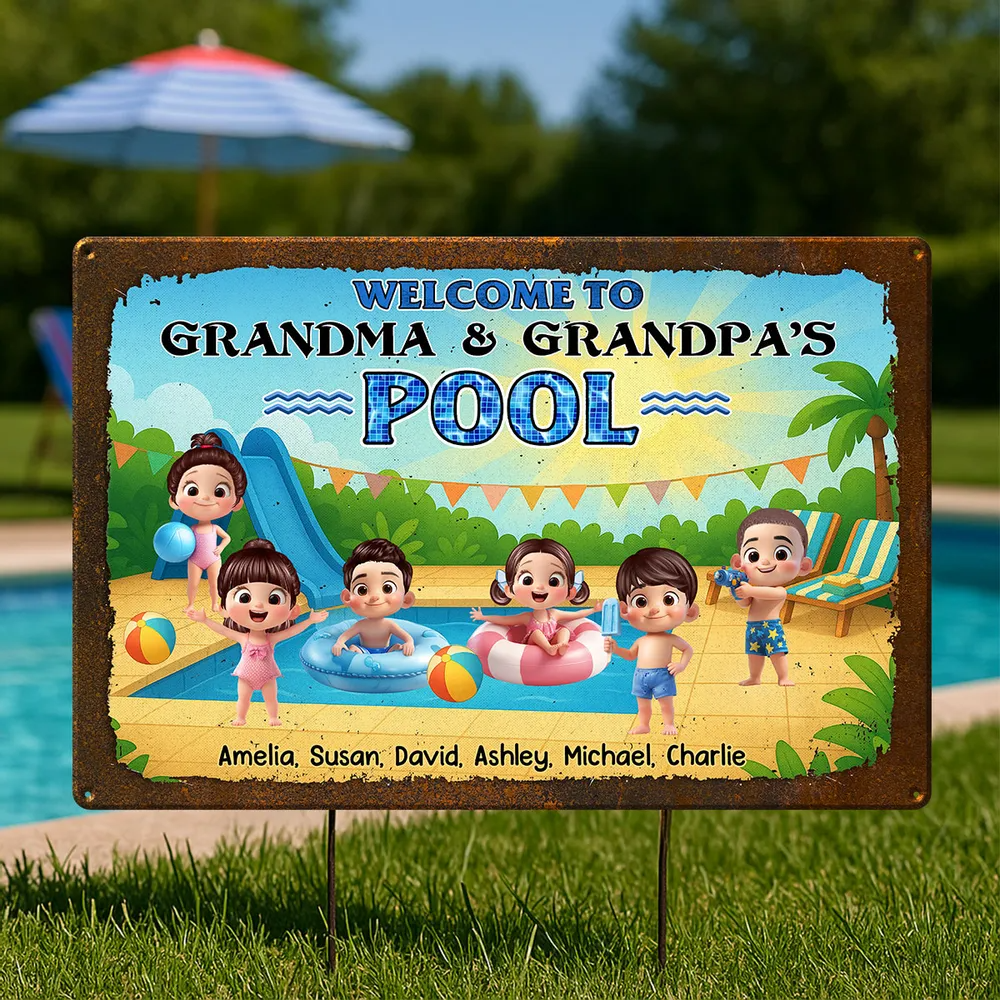 Welcome to Grandma & Grandpa's Pool - Personalized Metal Sign - Gift For Dad, Mom, Grandpa, Grandma