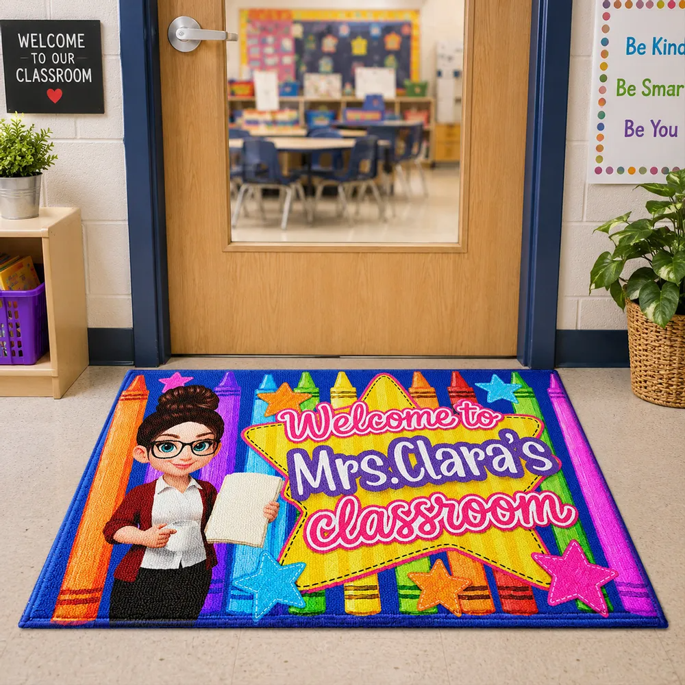 Welcome to Teacher Classroom Pencil Crayon - Personalized Doormat - Back To School Gift For Teacher, Educator