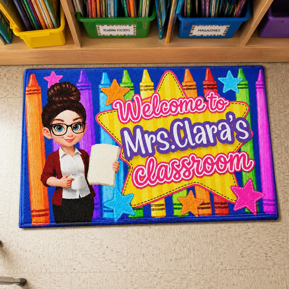 Welcome to Teacher Classroom Pencil Crayon - Personalized Doormat - Back To School Gift For Teacher, Educator