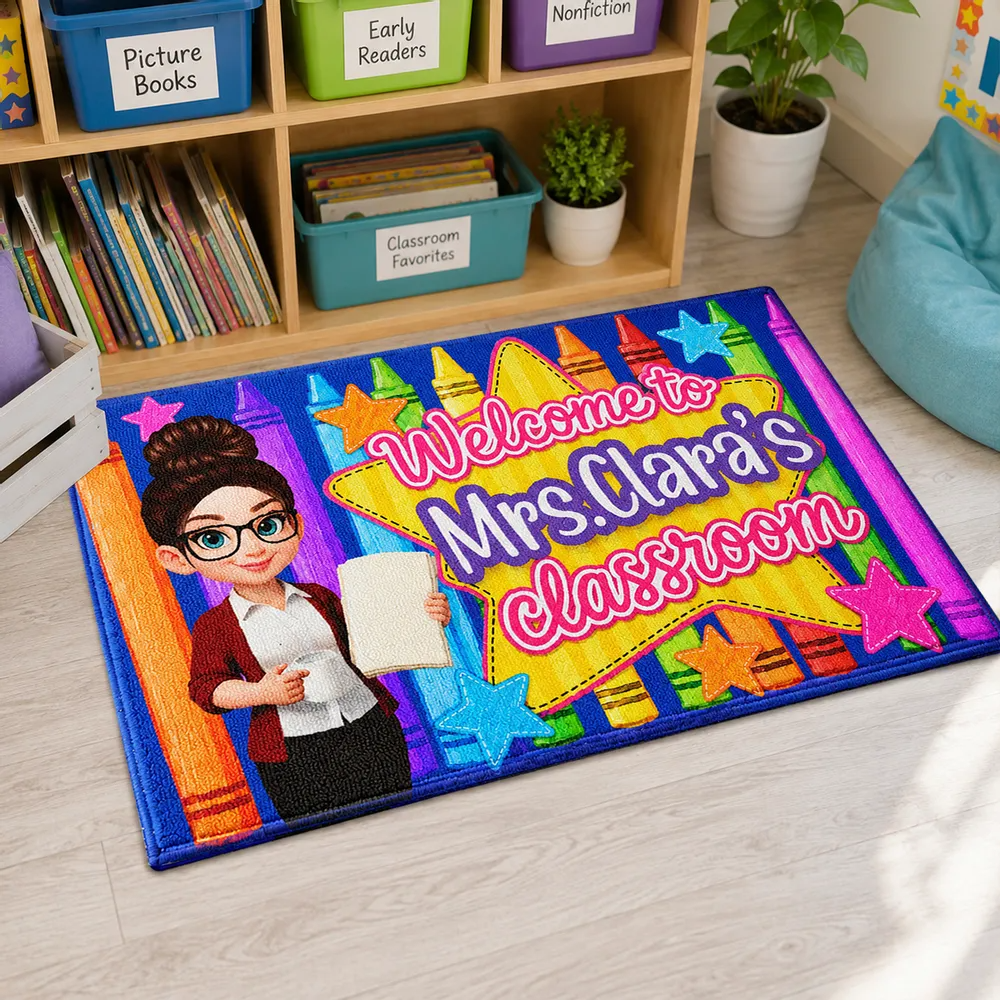 Welcome to Teacher Classroom Pencil Crayon - Personalized Doormat - Back To School Gift For Teacher, Educator