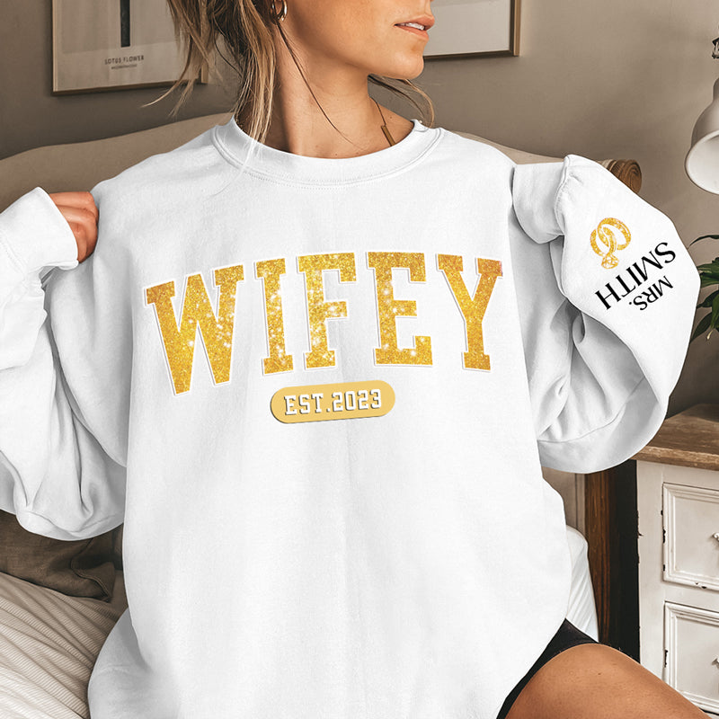 Wifey Est Hubby Est Couple personalized sleeve printed sweater, alternate view 2