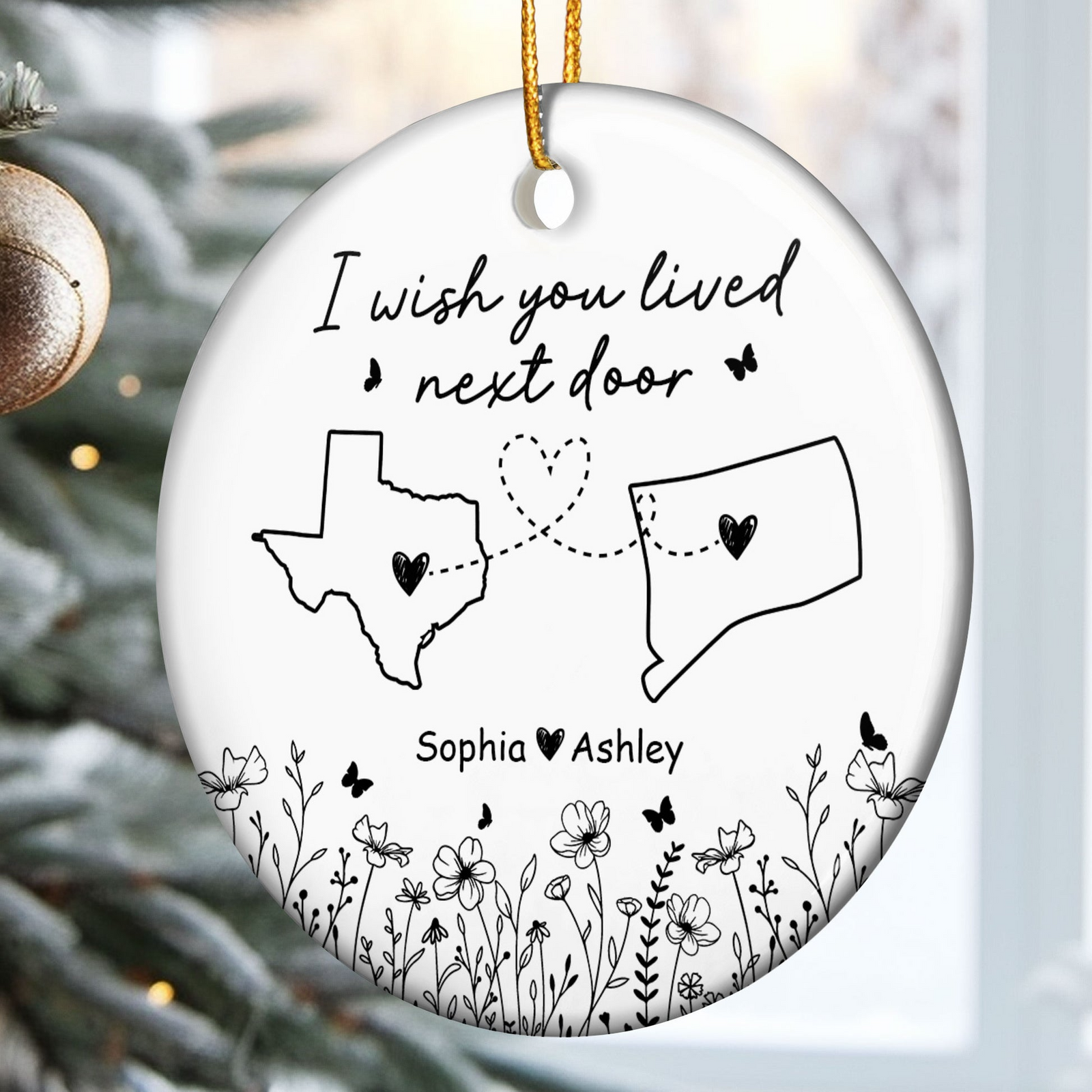 Wish You Lived Next Door - Personalized Circle Ceramic Ornament - Christmas Gift for Long Distance Family, Friendship Gift