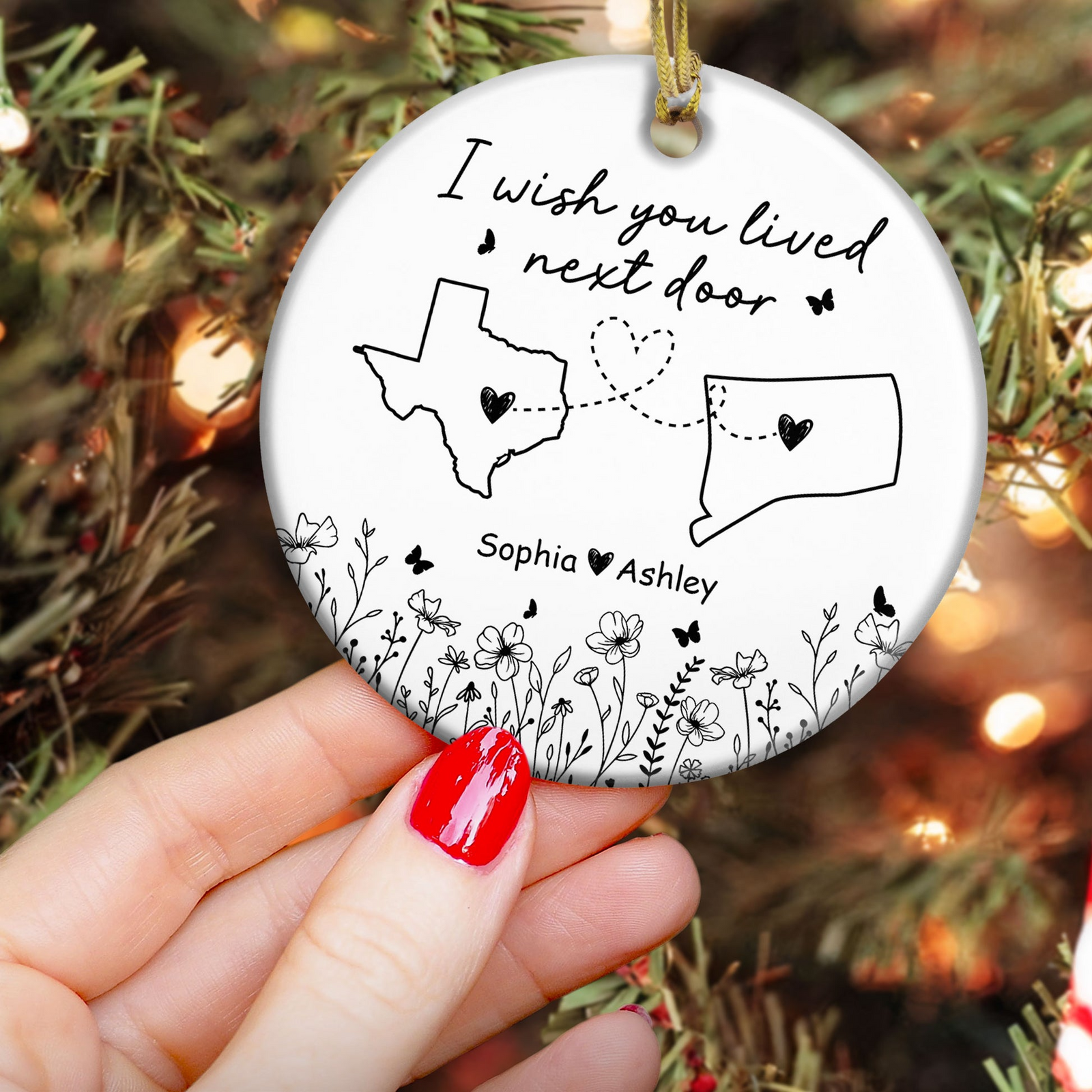 Wish You Lived Next Door - Personalized Circle Ceramic Ornament - Christmas Gift for Long Distance Family, Friendship Gift