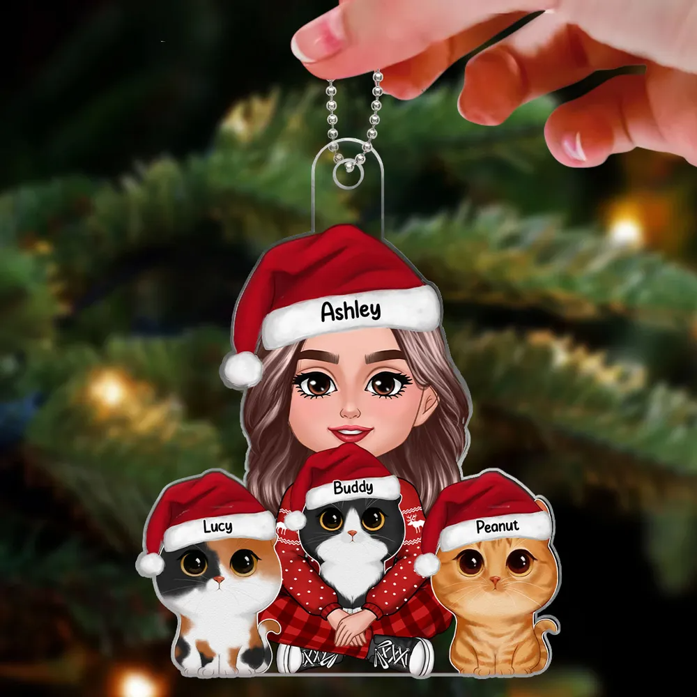 Woman Holding Cute Fluffy Cat custom shaped acrylic ornament, alternate view 2