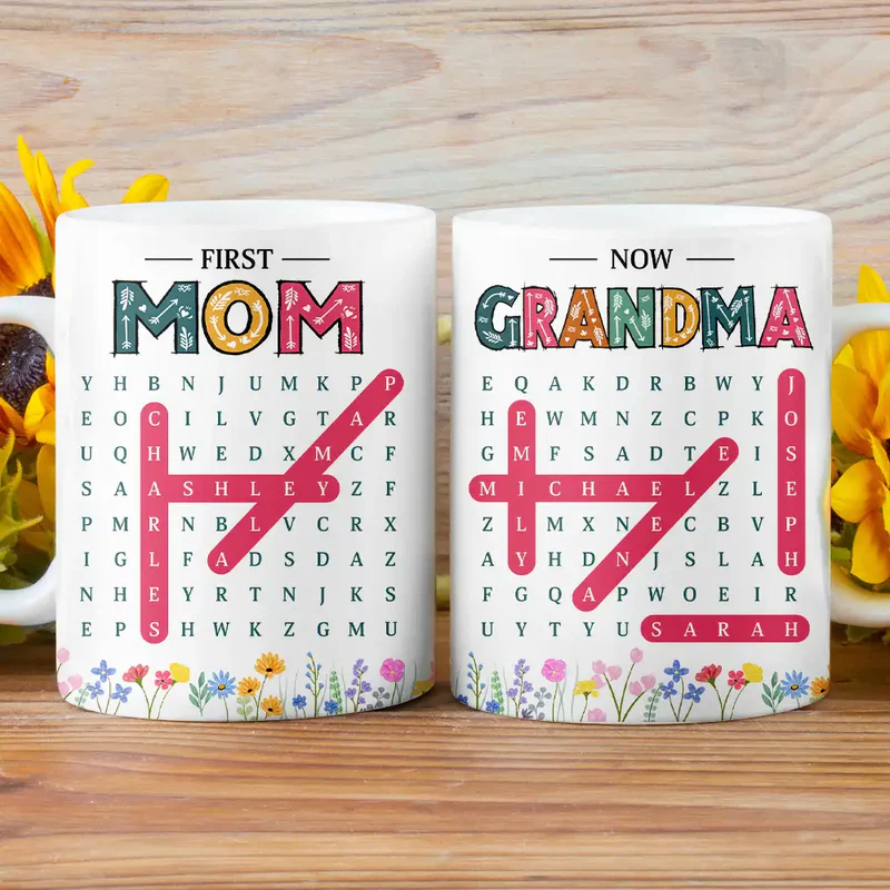 Word Search Puzzle First Mom Now Grandma - Personalized Custom Mug - Mother's Day Gift For Mom, Grandma