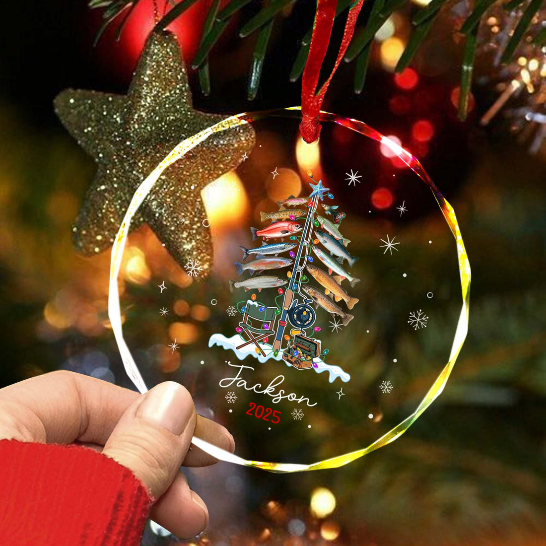 Personalized Xmas Tree Decor Gift For Fishing Lovers circle glass ornament, alternate view 3