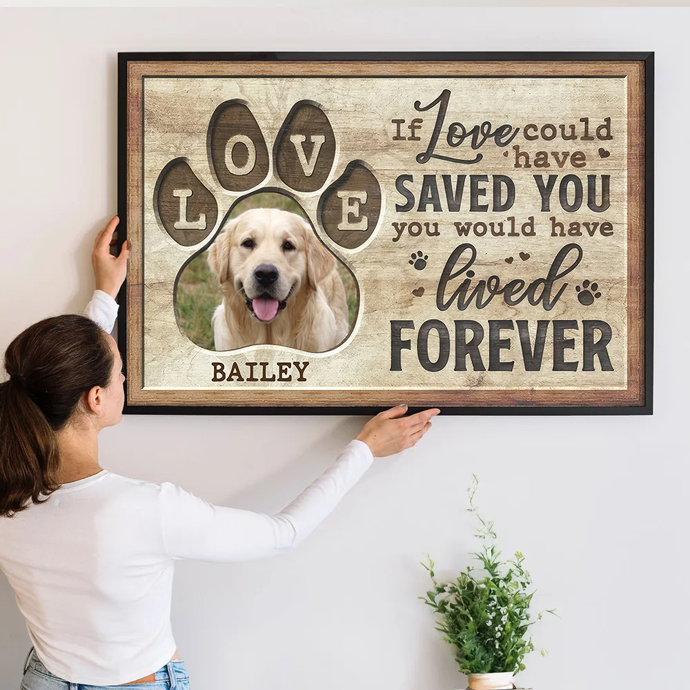 Personalized Custom Photo Memorial You Would Have Lived Forever canvas print, a woman hanging the framed print on a wall
