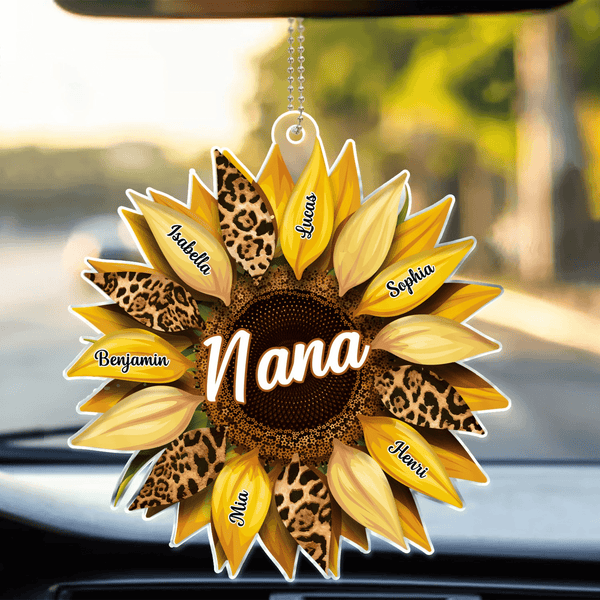 Family Sunflower - Personalized Acrylic Car Hanger - Gift for Grandma/Nana/Mimi, Mom, Wife, Grandparent