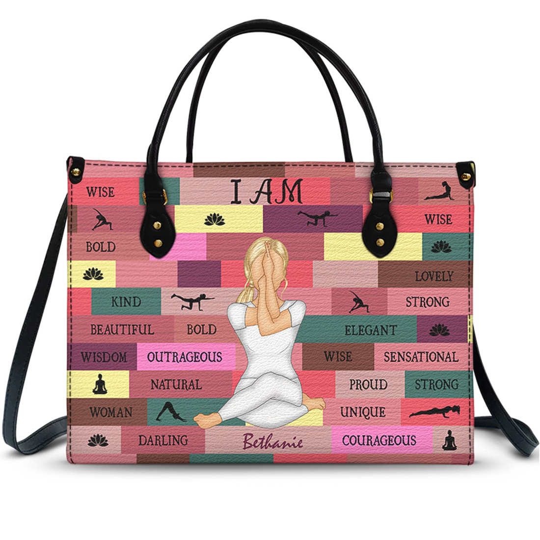 Personalized Yoga Girl I Am Bold handbag, worn on a beach