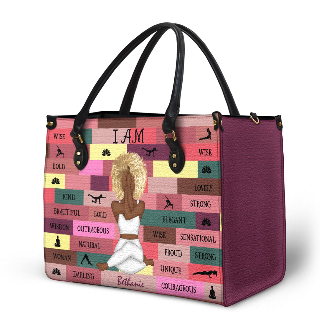 Personalized Yoga Girl I Am Bold handbag, held at the hip