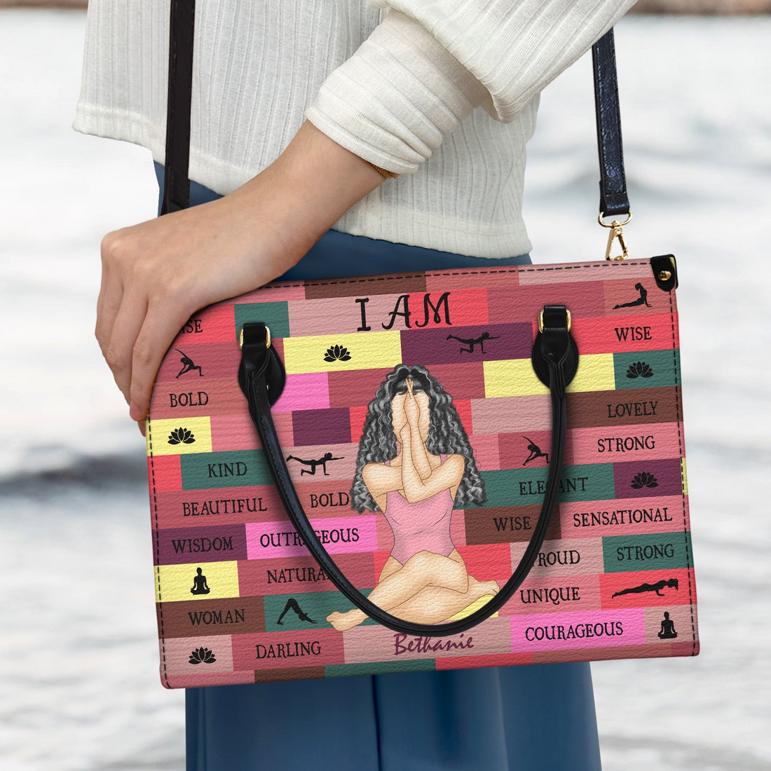 Personalized Yoga Girl I Am Bold handbag, front view