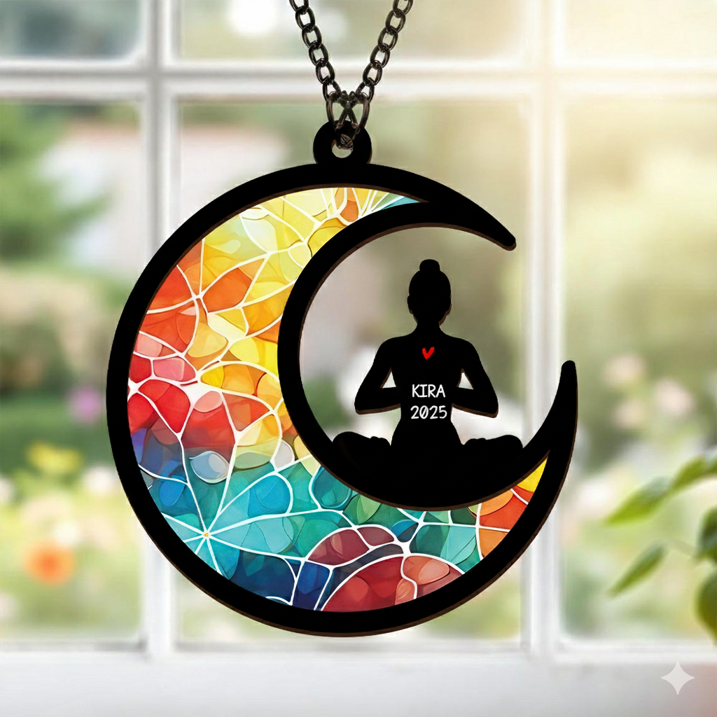 Christmas Namaste Yoga - Personalized Window Hanging Suncatcher Ornament - Gift For Women, Yoga Lovers, Mental Health Gifts