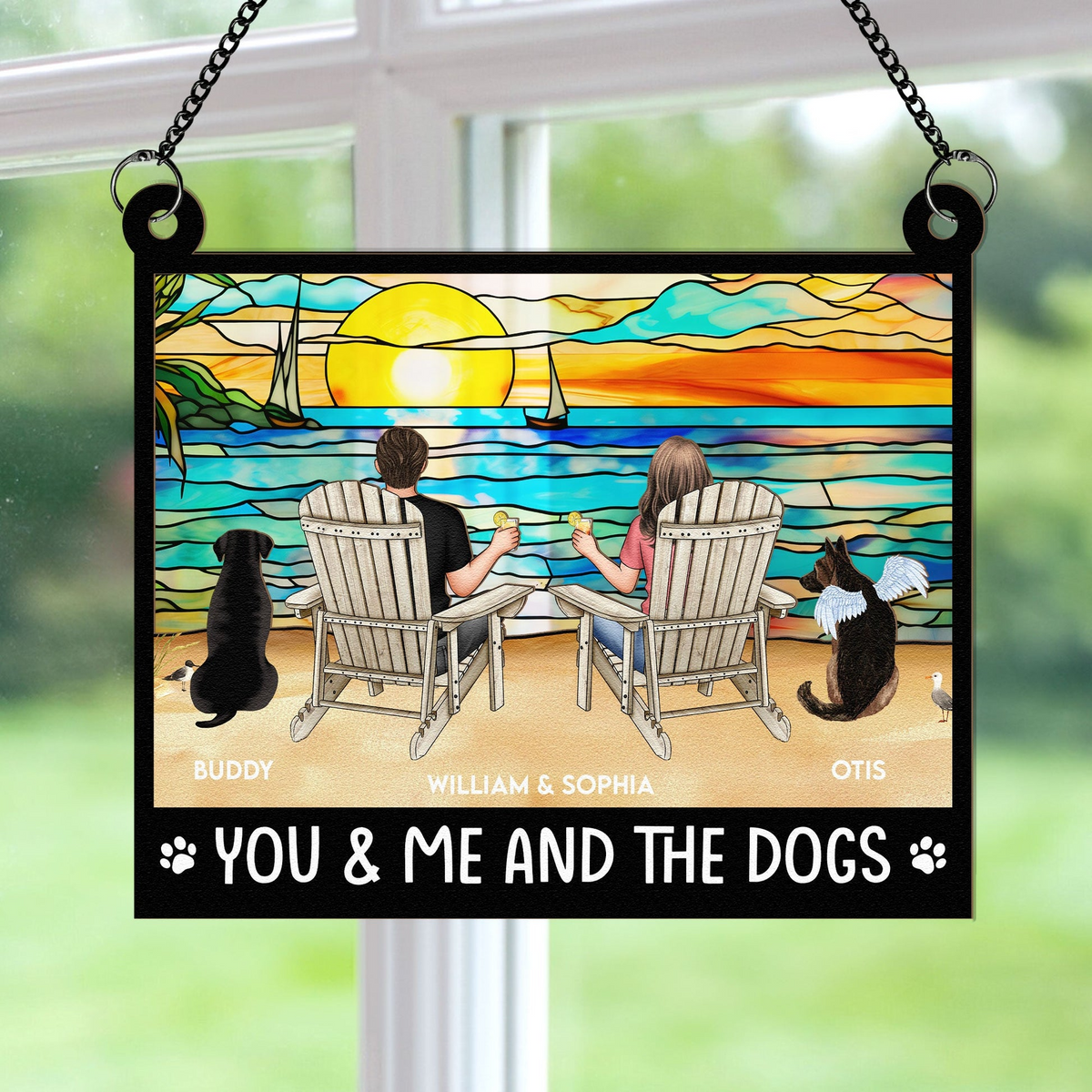 You And Me And The Dogs - Personalized Window Hanging Suncatcher Ornament - Gift For Couple, Wife, Husband, Dog Lovers