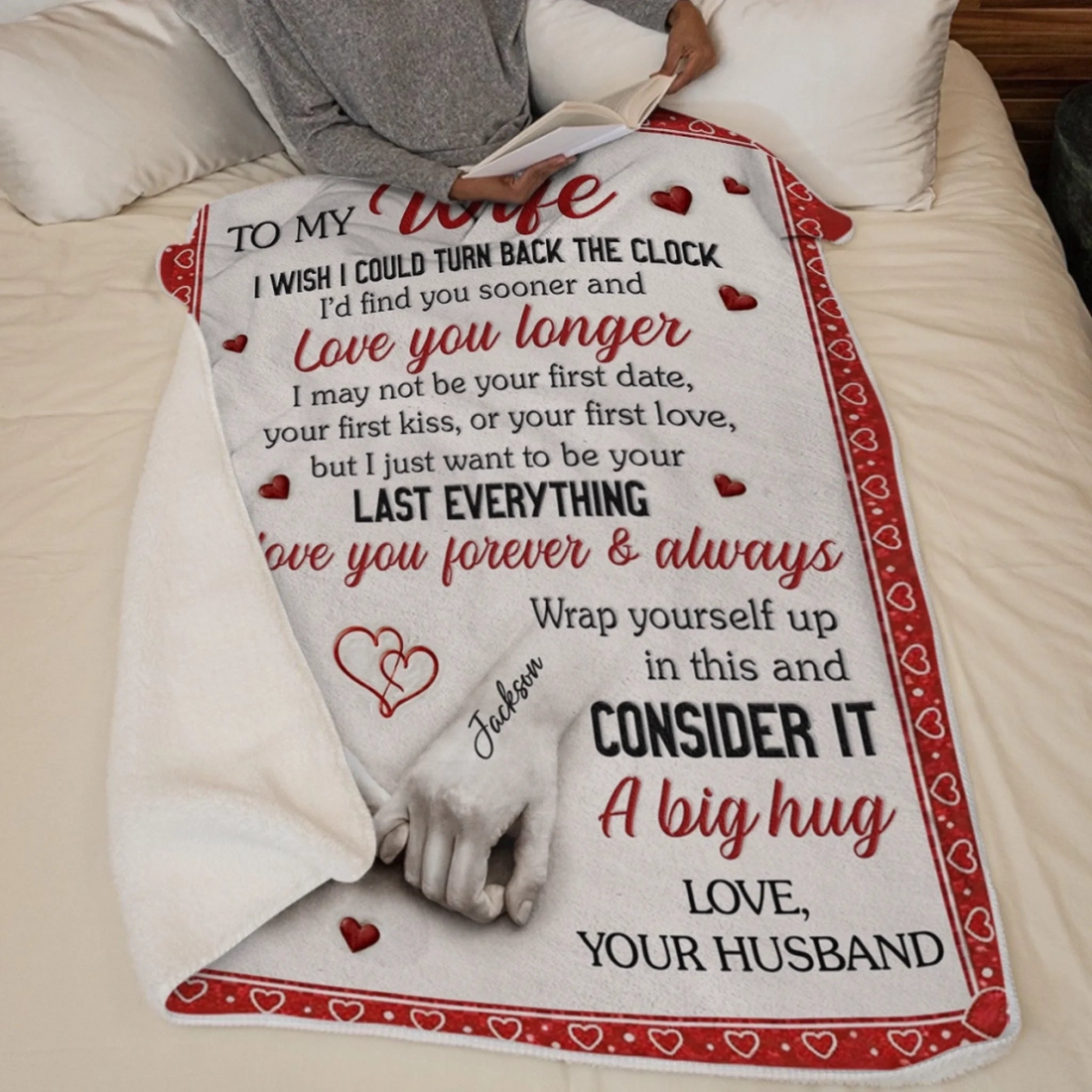 Personalized You And Me Feels Right Couple Blanket fleece blanket, spread across a bed