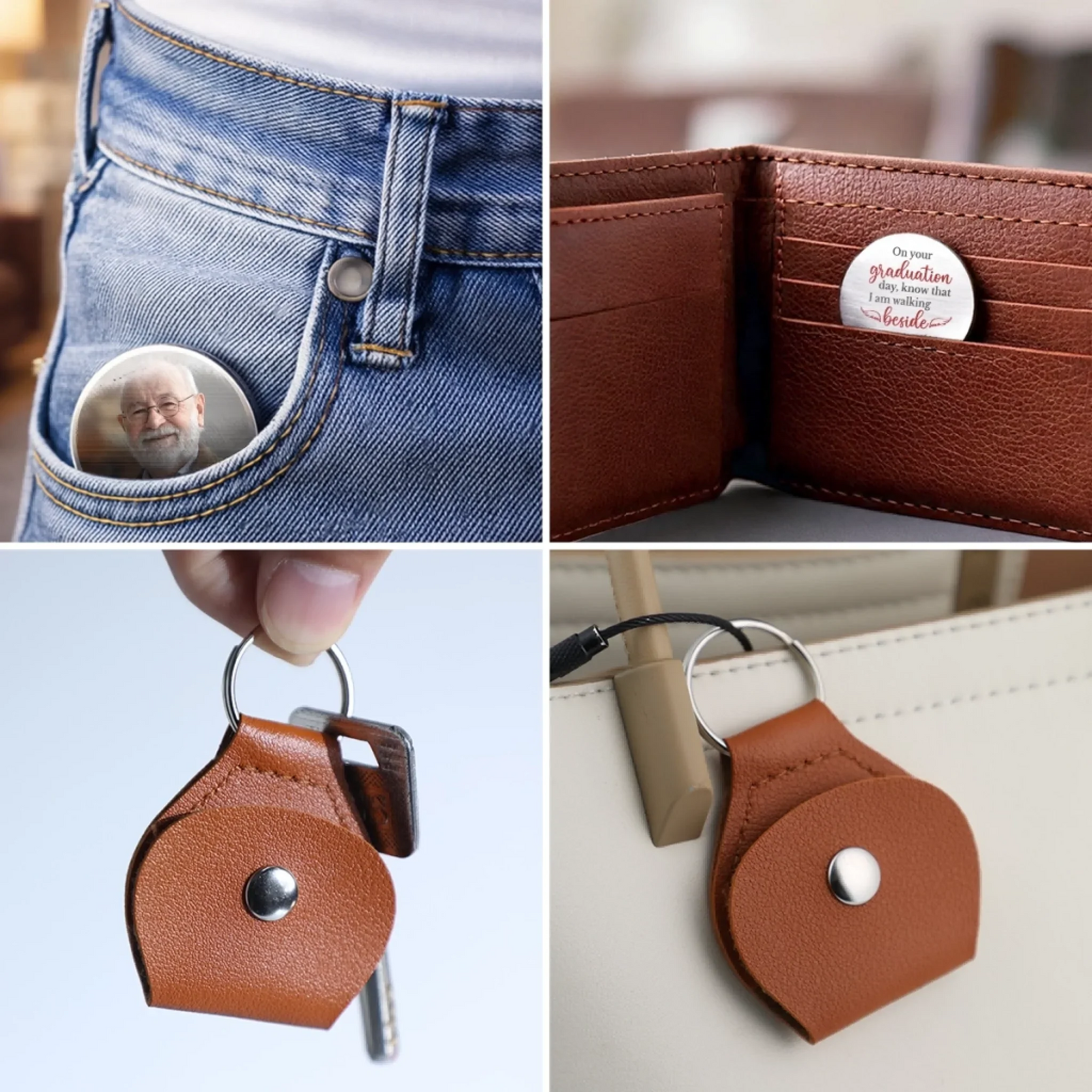 Custom Photo Your Strength Still Guides Me Memorial - Personalized Leather Pocket Hug - Memorial Sympathy Gifts For Loss Of Mom, Dad
