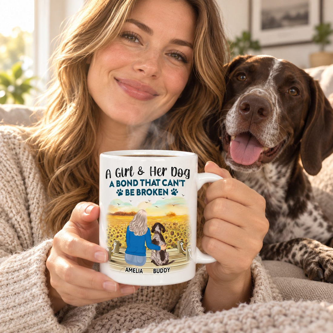 Woman holding personalized A Girl and Her Dog ceramic mug with her dog on sofa