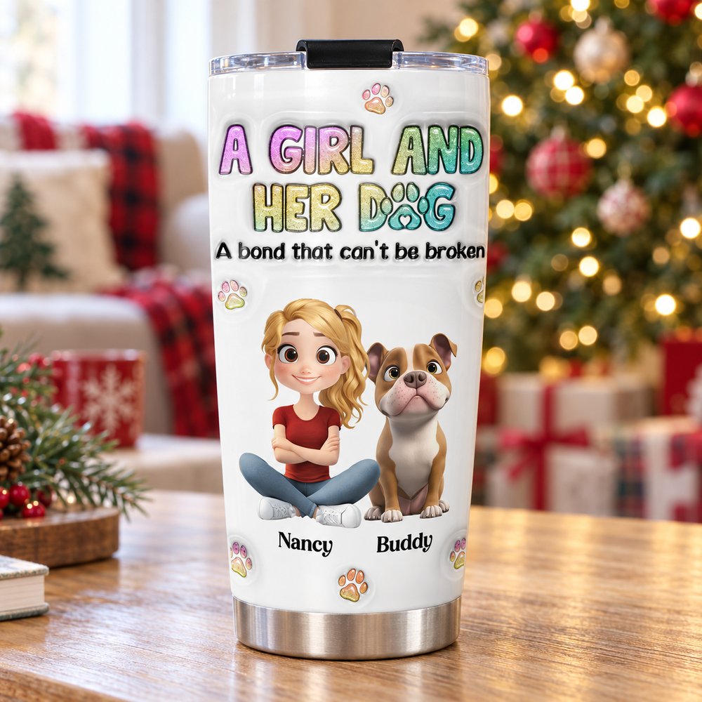 Personalized A Girl And Her Dog 20oz fat tumbler on a coffee table near a Christmas tree