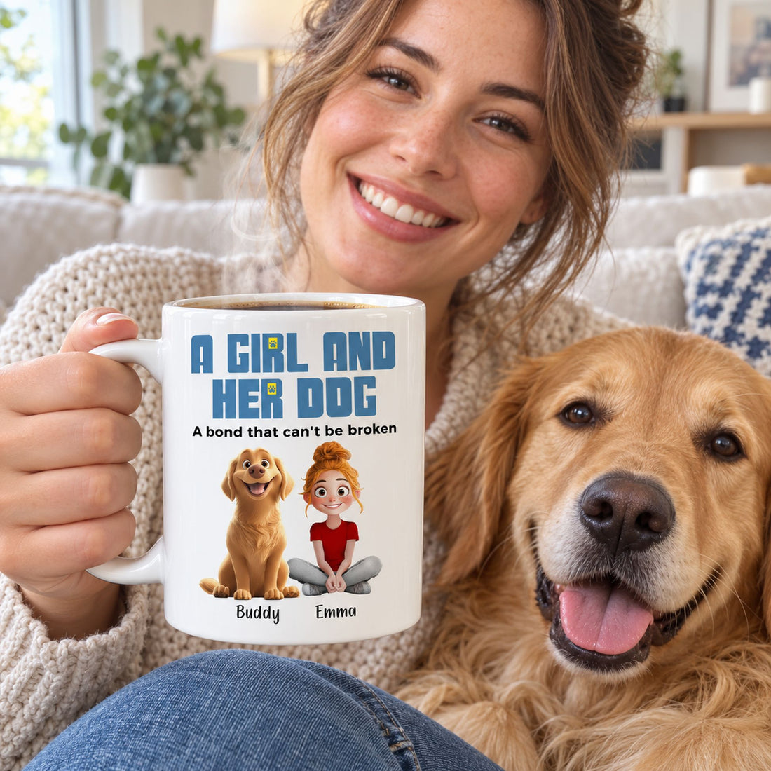 Woman with golden retriever holding personalized A Girl And Her Dogs ceramic coffee mug