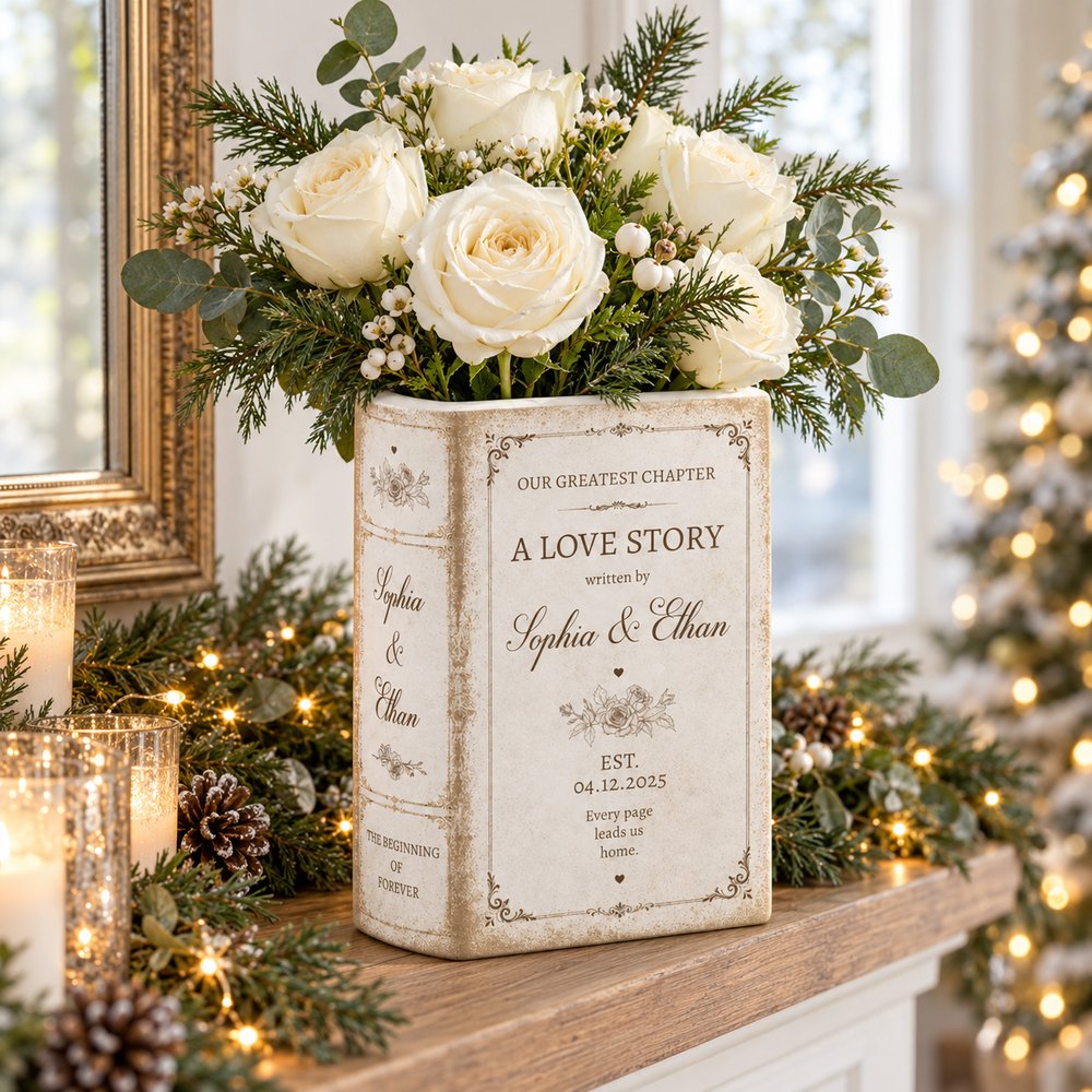Personalized A Love Story ceramic book vase with white roses on a holiday mantel
