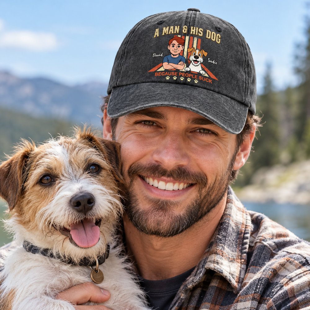 Man wearing personalized A Man And His Dog vintage washed denim cap with his dog