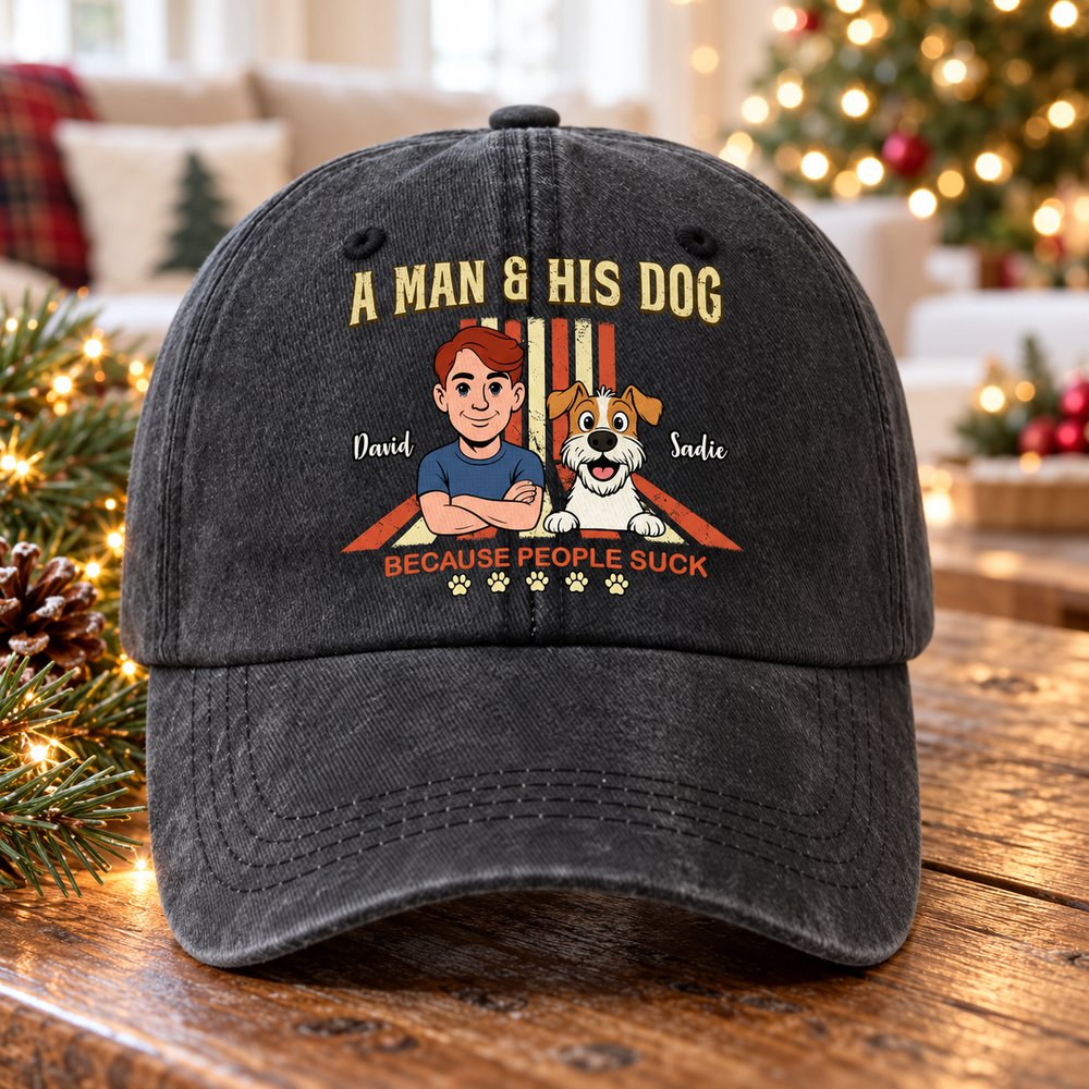 Personalized dog dad vintage washed denim cap on table near Christmas decor