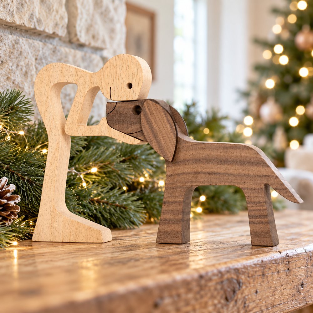 Man with floppy ears dog wood sculpture standing on a holiday fireplace mantel