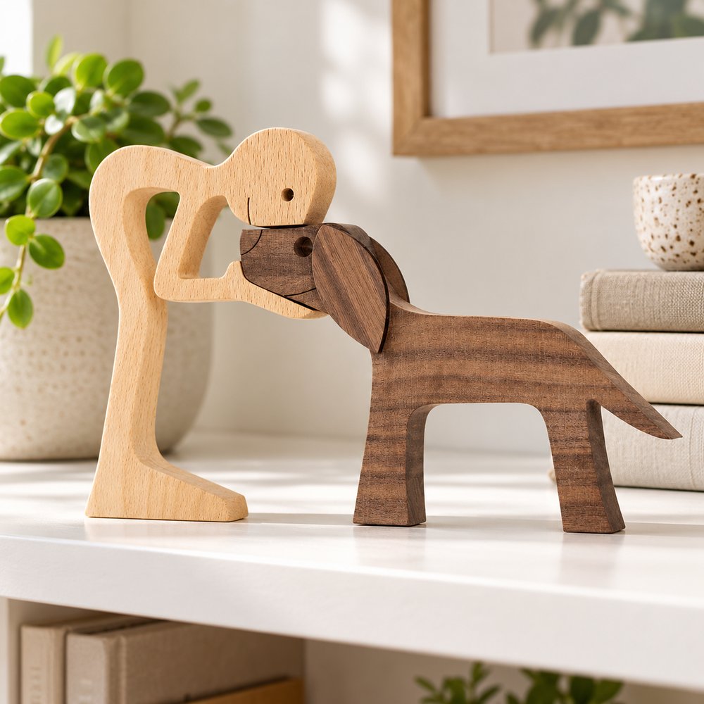 Two-piece dog and owner wood sculpture displayed on a bright home bookshelf