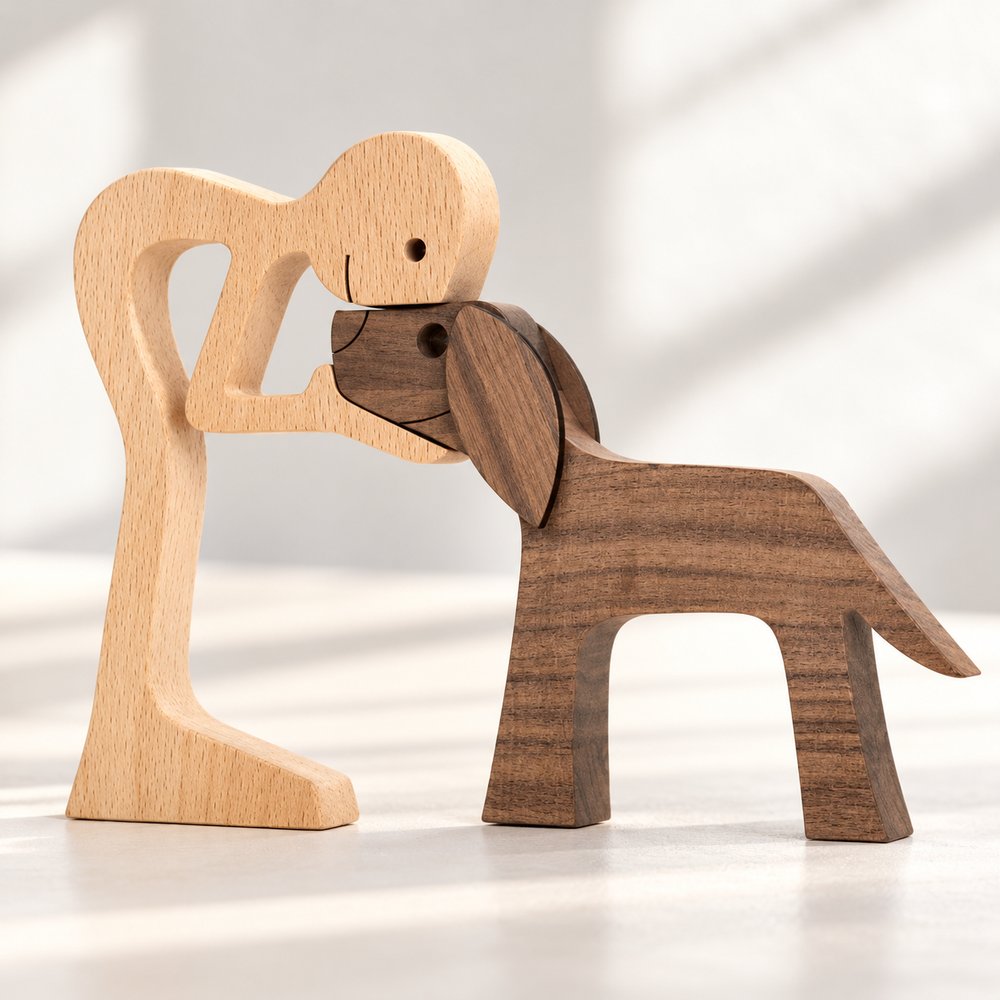 Close-up detail of natural wood grain and carved face on dog wood sculpture