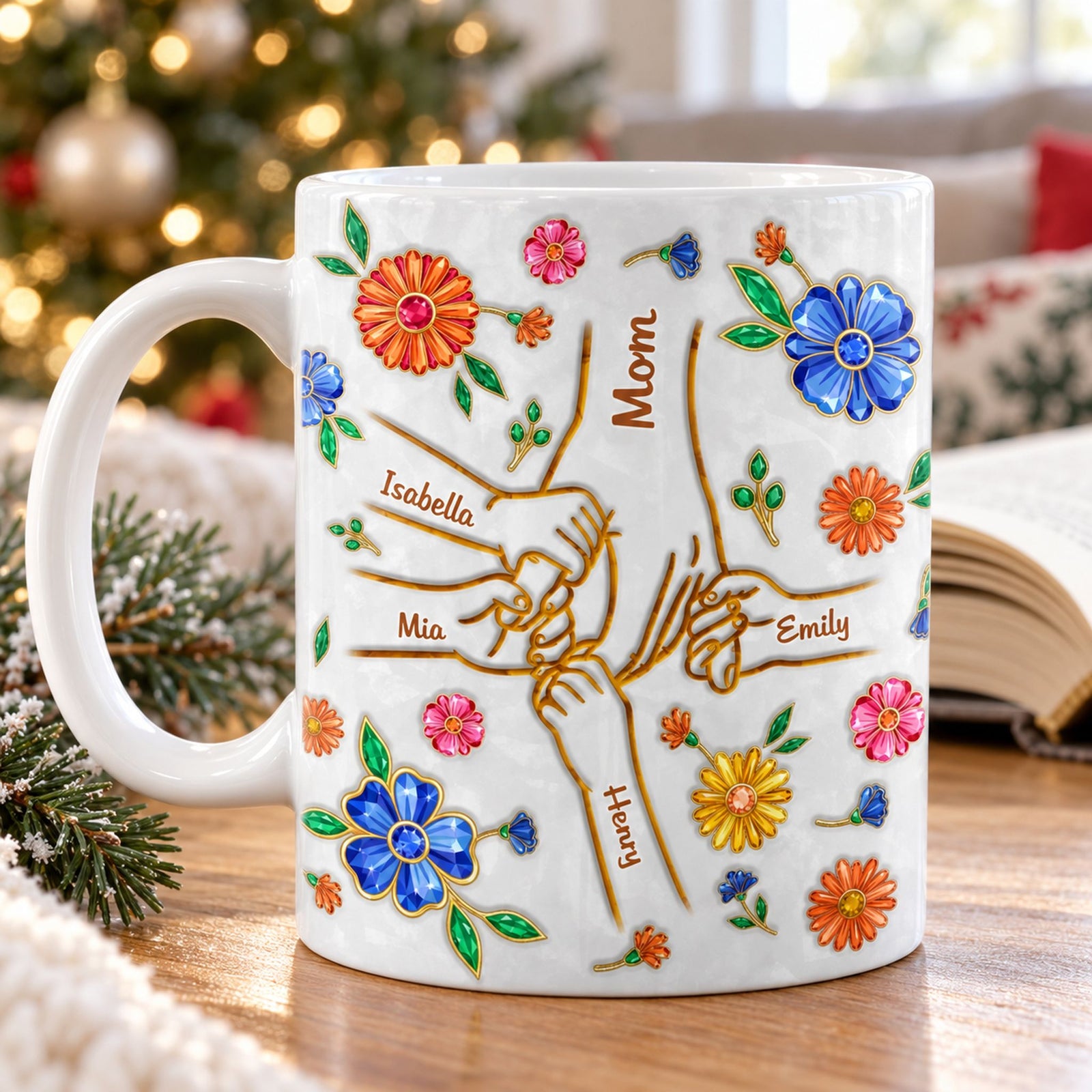 Mother's Loving Hands personalized mug on wooden table with soft Christmas tree background