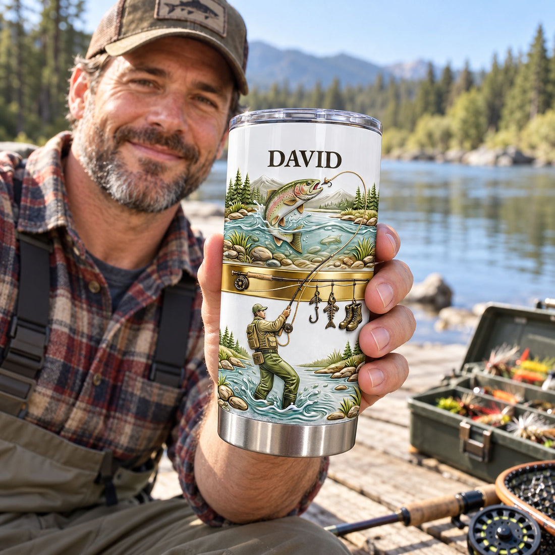Personalized fishing 20oz fat tumbler held by a fisherman on a wooden river dock