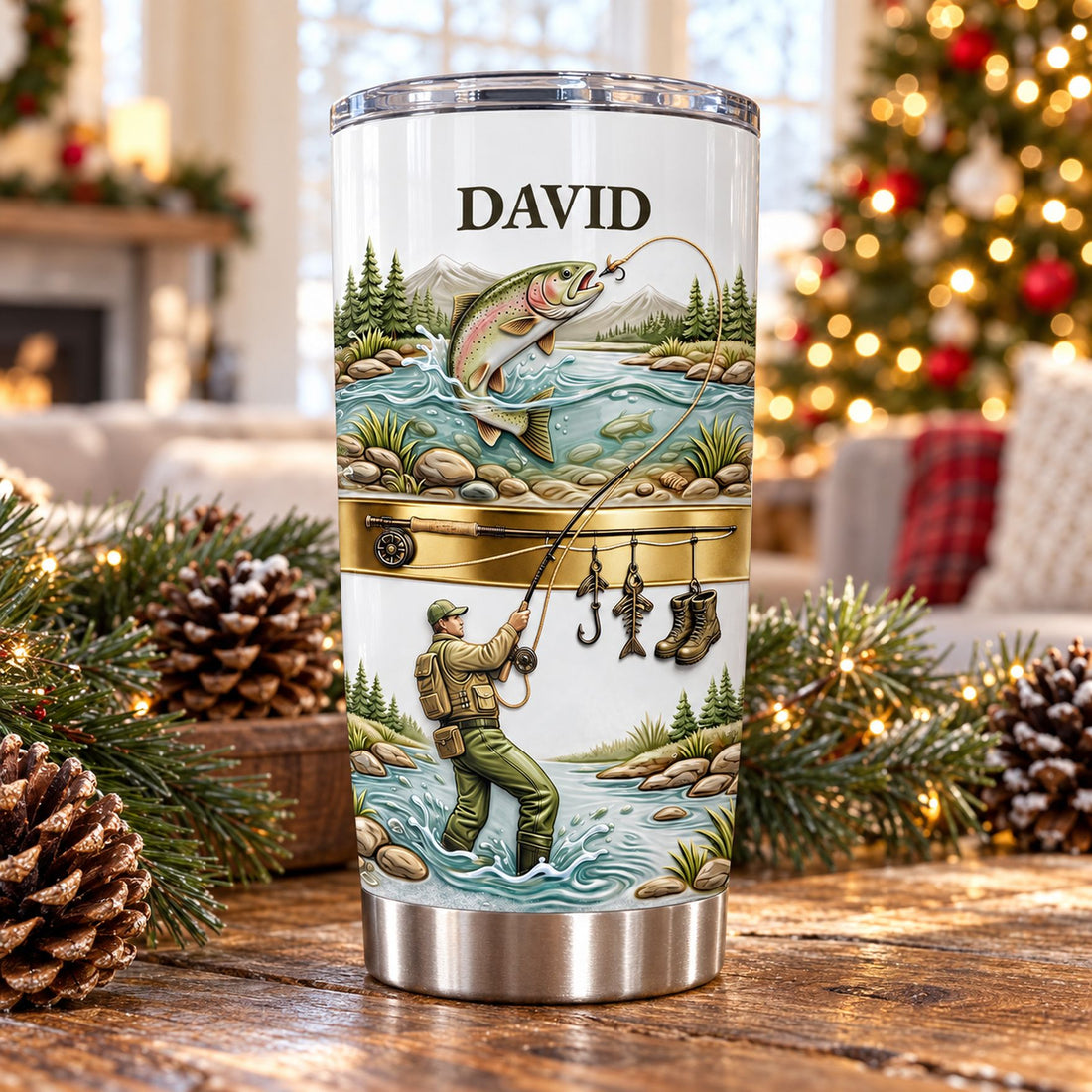 Custom fisherman 20oz fat tumbler on a rustic table with Christmas tree in background