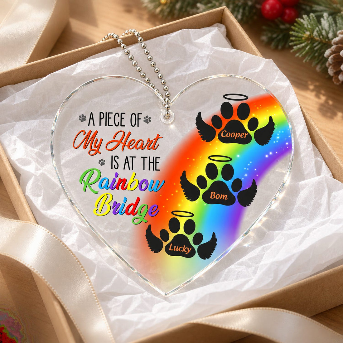 Personalized pet memorial rainbow bridge acrylic car hanger presented in an open gift box with ribbon