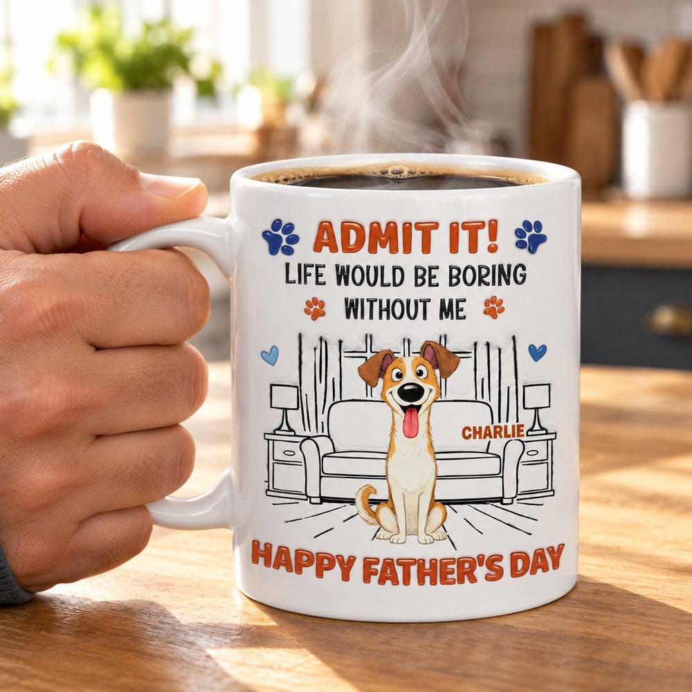 Personalized dog dad 3D inflated effect mug held with hot coffee in a bright kitchen
