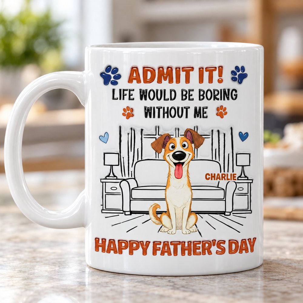 Close up detail of custom dog dad ceramic mug showing 3D inflated print effect