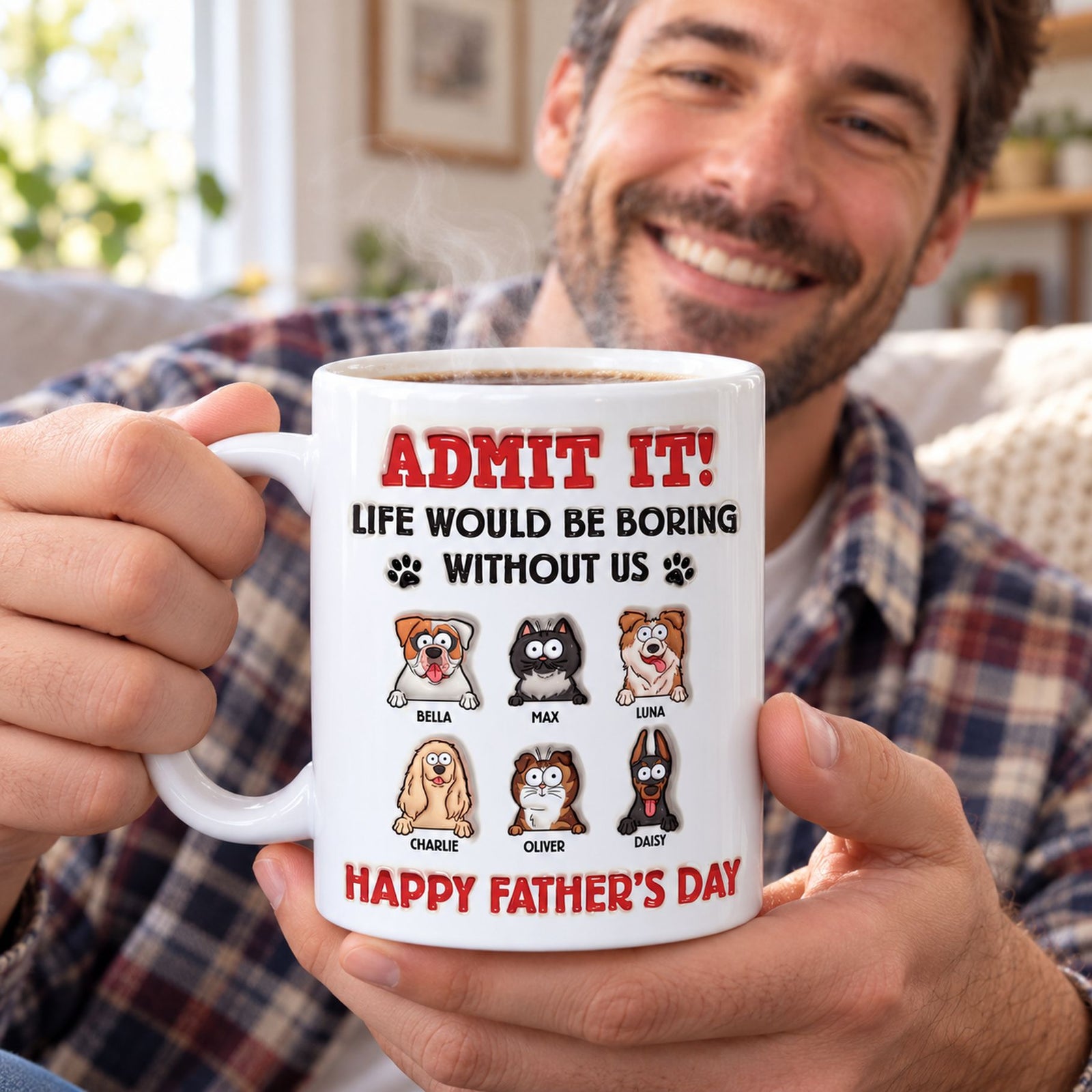 Dad holding personalized 3D inflated effect pet mug with steaming coffee on a bright morning